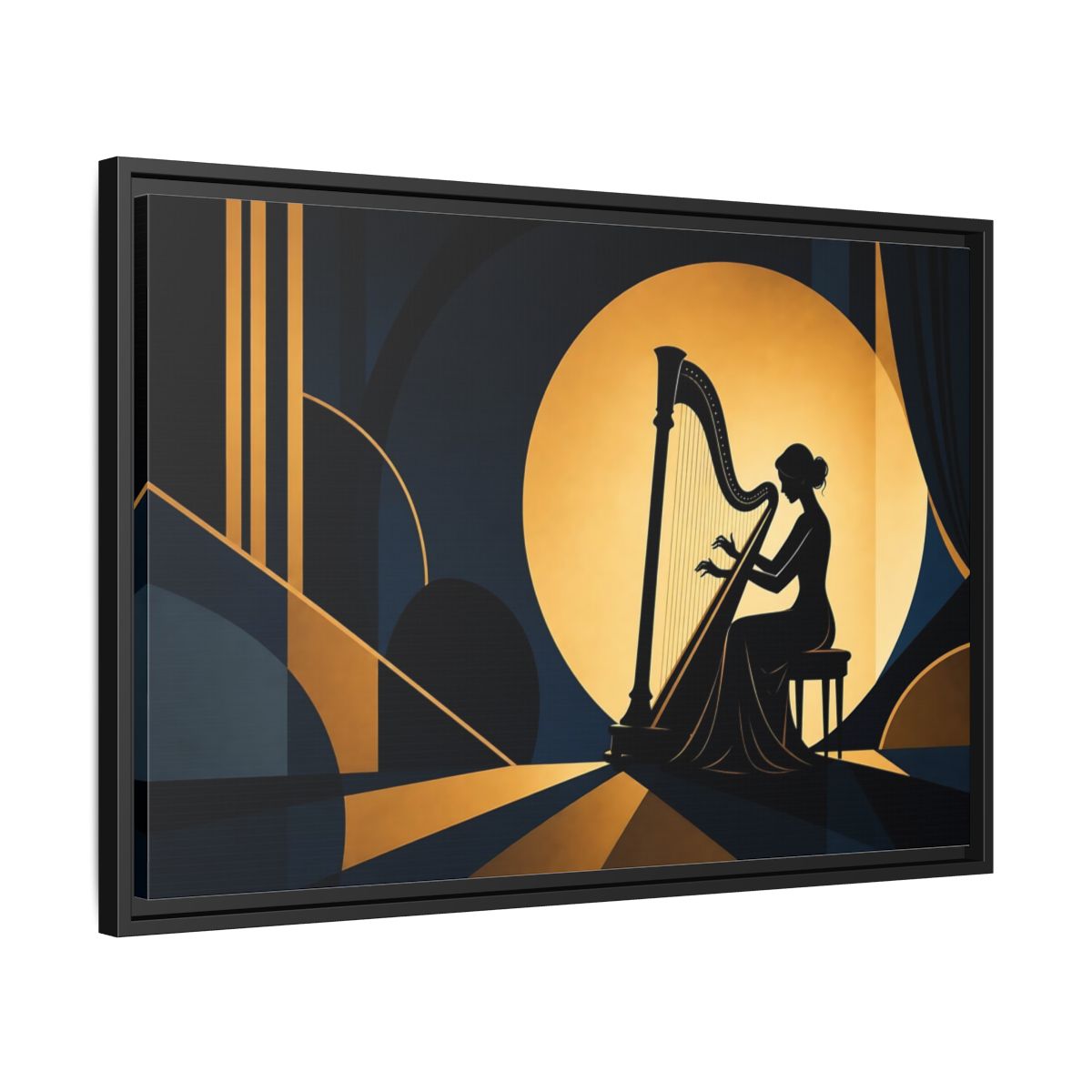 Side Mockup 14. Moonlit Harpist Silhouette shown as framed canvas print