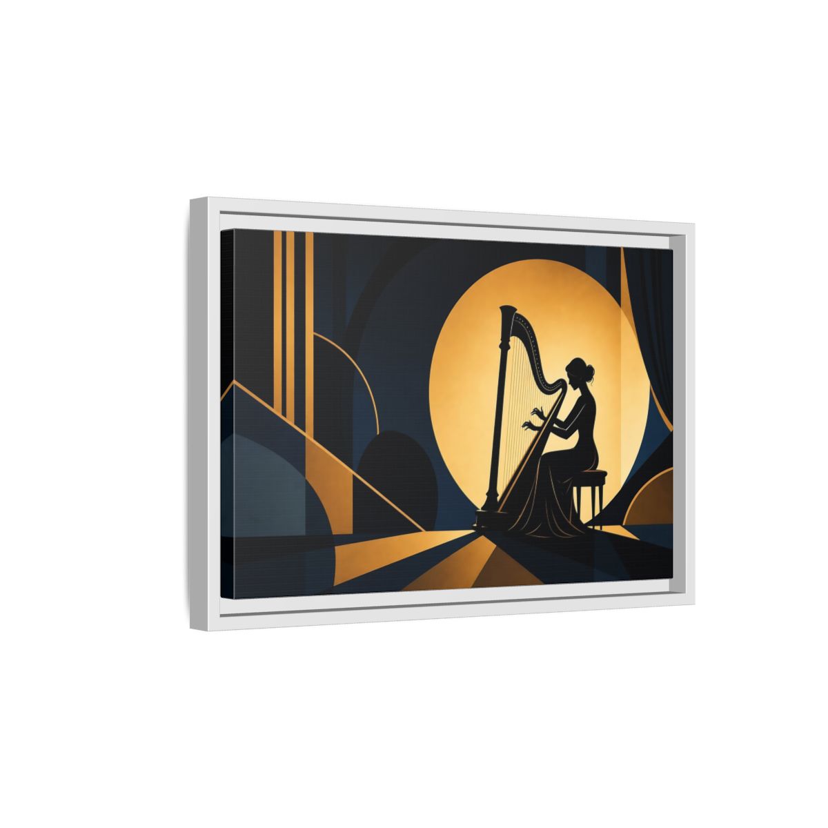 Side Mockup 4. Moonlit Harpist Silhouette shown as framed canvas print