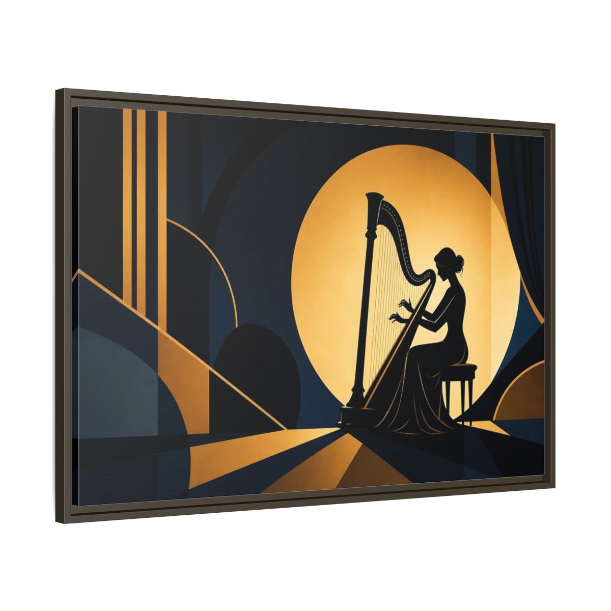 Main Mockup. Moonlit Harpist Silhouette shown as framed canvas print