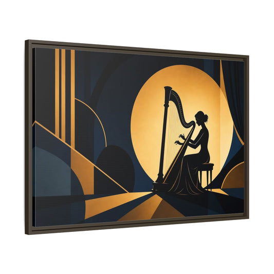 Main Mockup. Moonlit Harpist Silhouette shown as framed canvas print