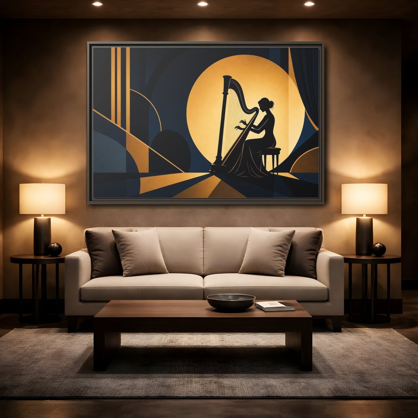 Mockup 2. Moonlit Harpist Silhouette shown as framed canvas print