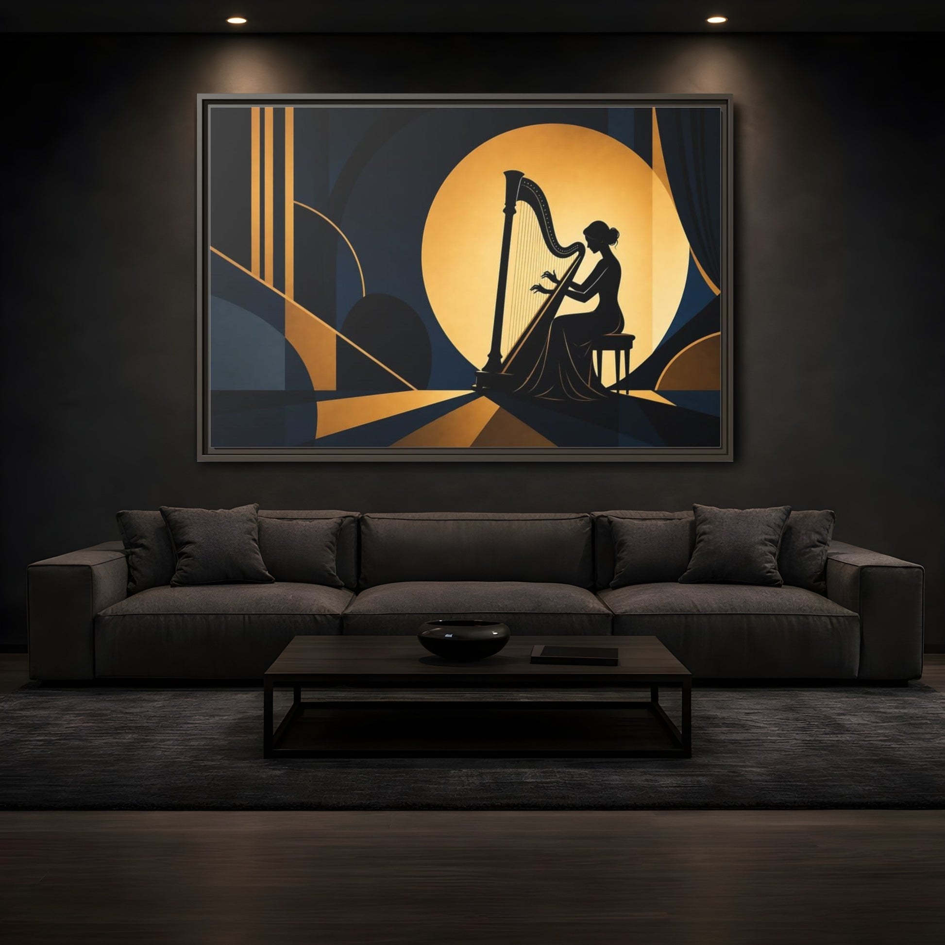 Mockup 3. Moonlit Harpist Silhouette shown as framed canvas print