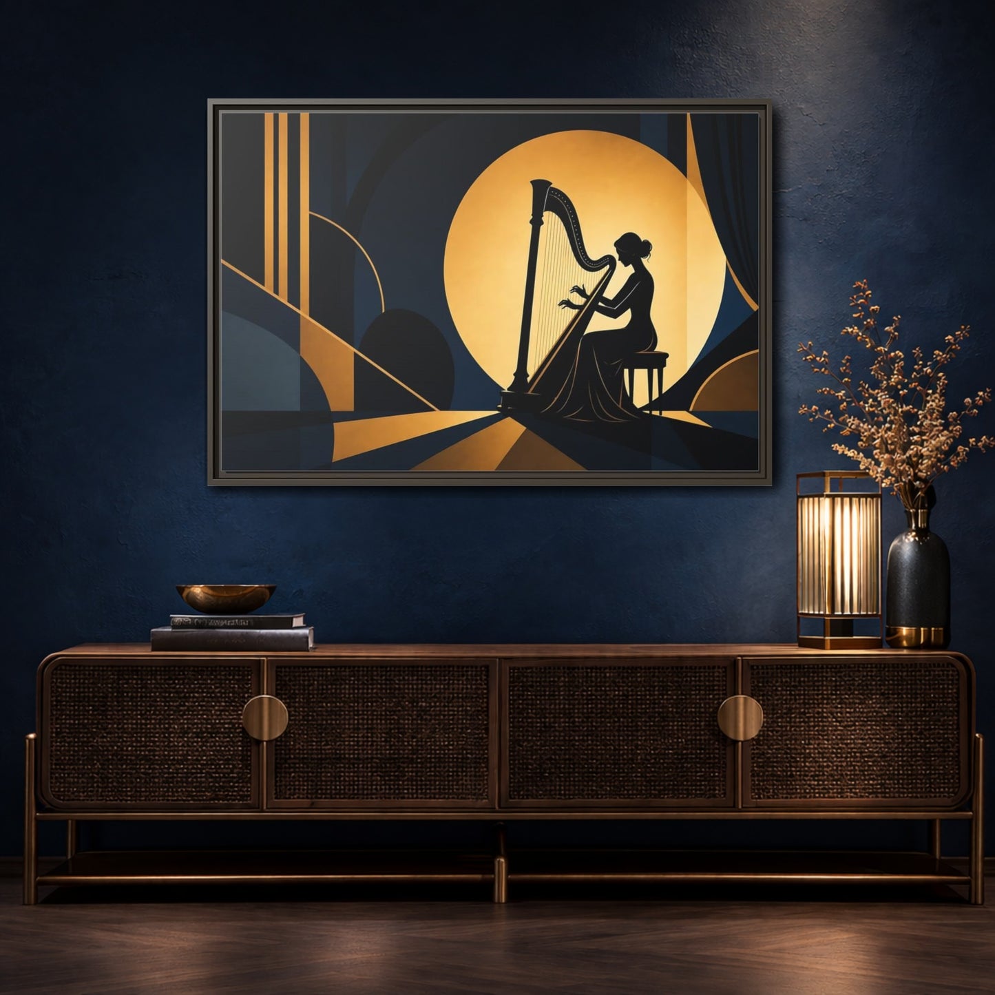 Mockup 4. Moonlit Harpist Silhouette shown as framed canvas print