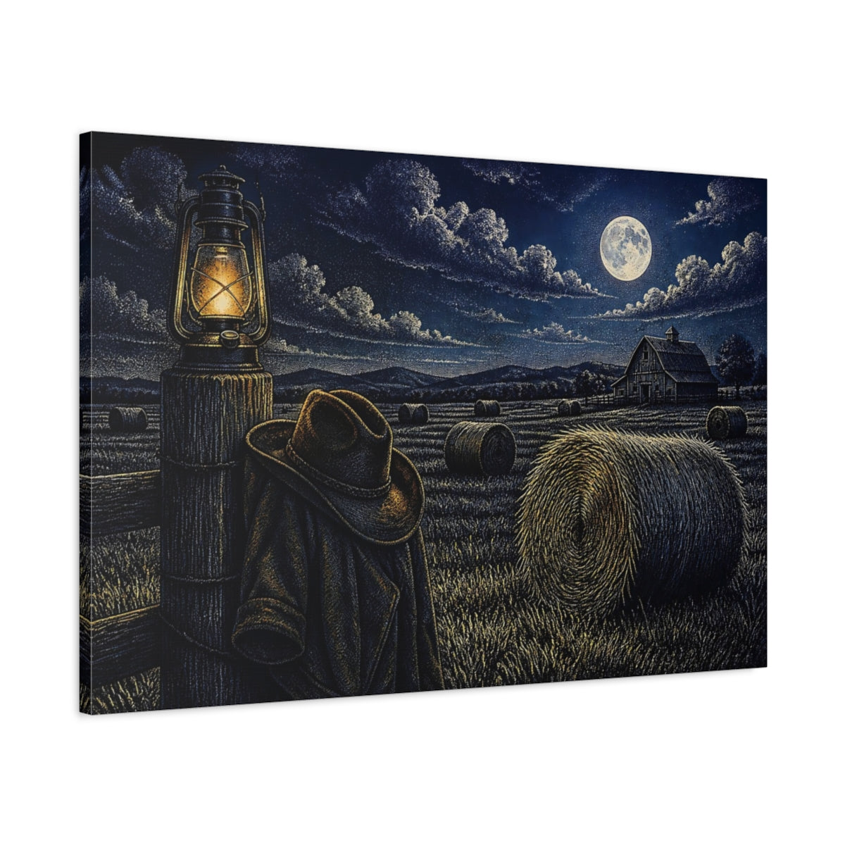 Main Mockup. Moonlit Hayfield shown as canvas print