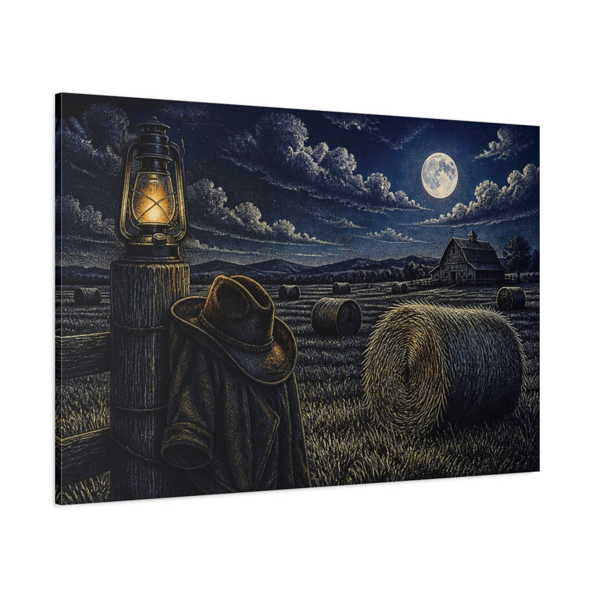 Side Mockup 1. Moonlit Hayfield shown as canvas print