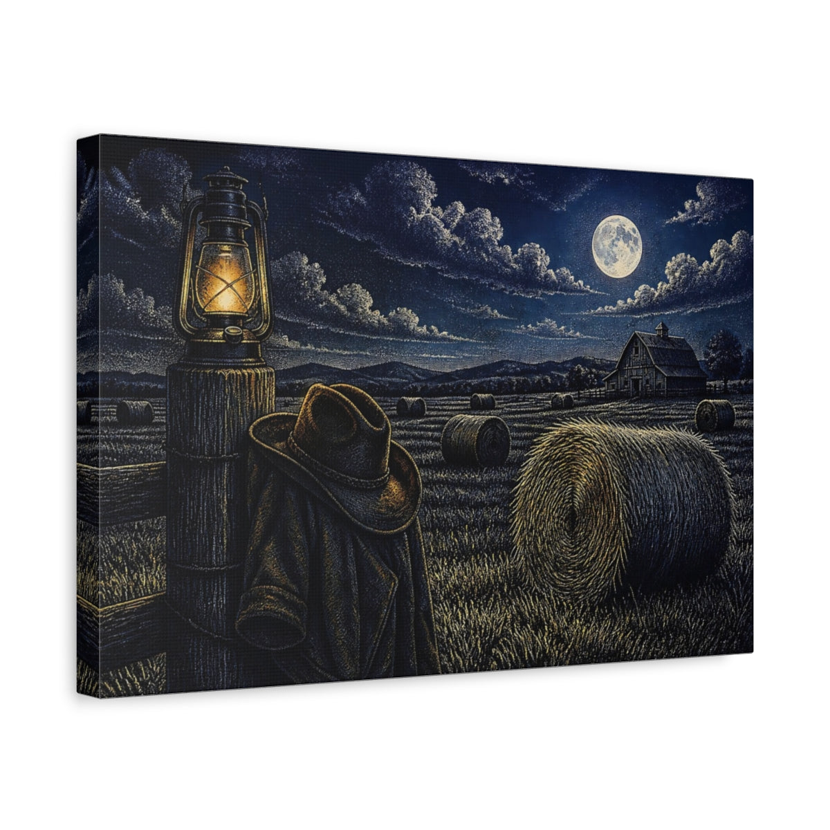 Side Mockup 4. Moonlit Hayfield shown as canvas print