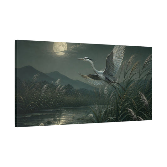 Main Mockup. Moonlit Heron Over Reeds shown as canvas print