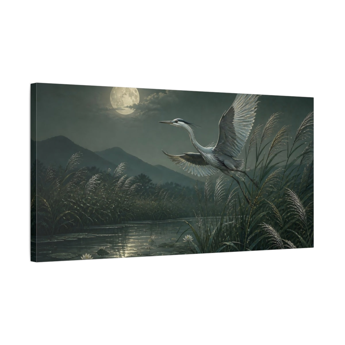 Side Mockup 1. Moonlit Heron Over Reeds shown as canvas print
