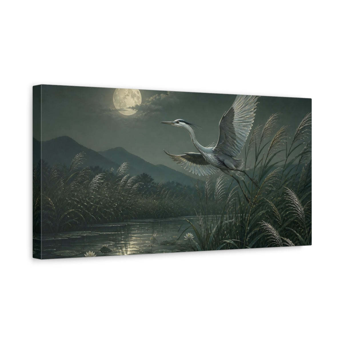Side Mockup 3. Moonlit Heron Over Reeds shown as canvas print