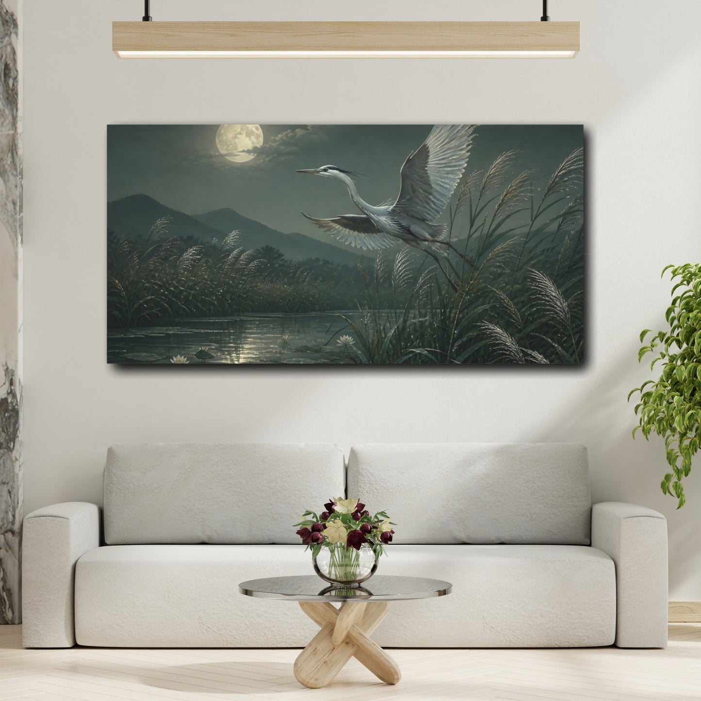 Mockup 2. Moonlit Heron Over Reeds shown as canvas print