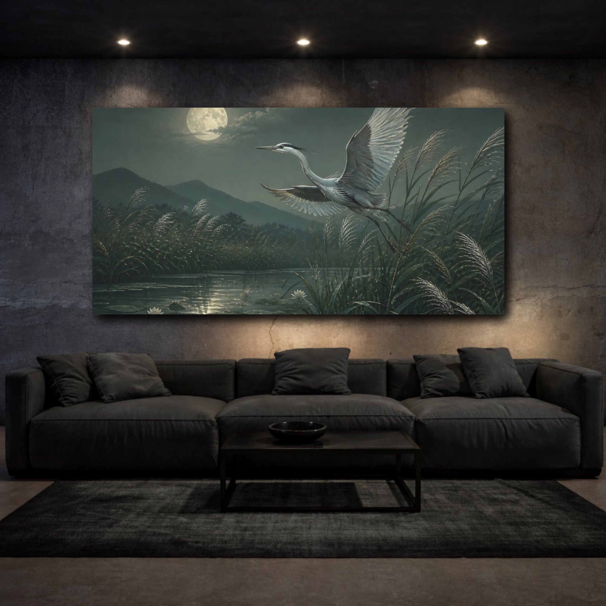 Mockup 3. Moonlit Heron Over Reeds shown as canvas print