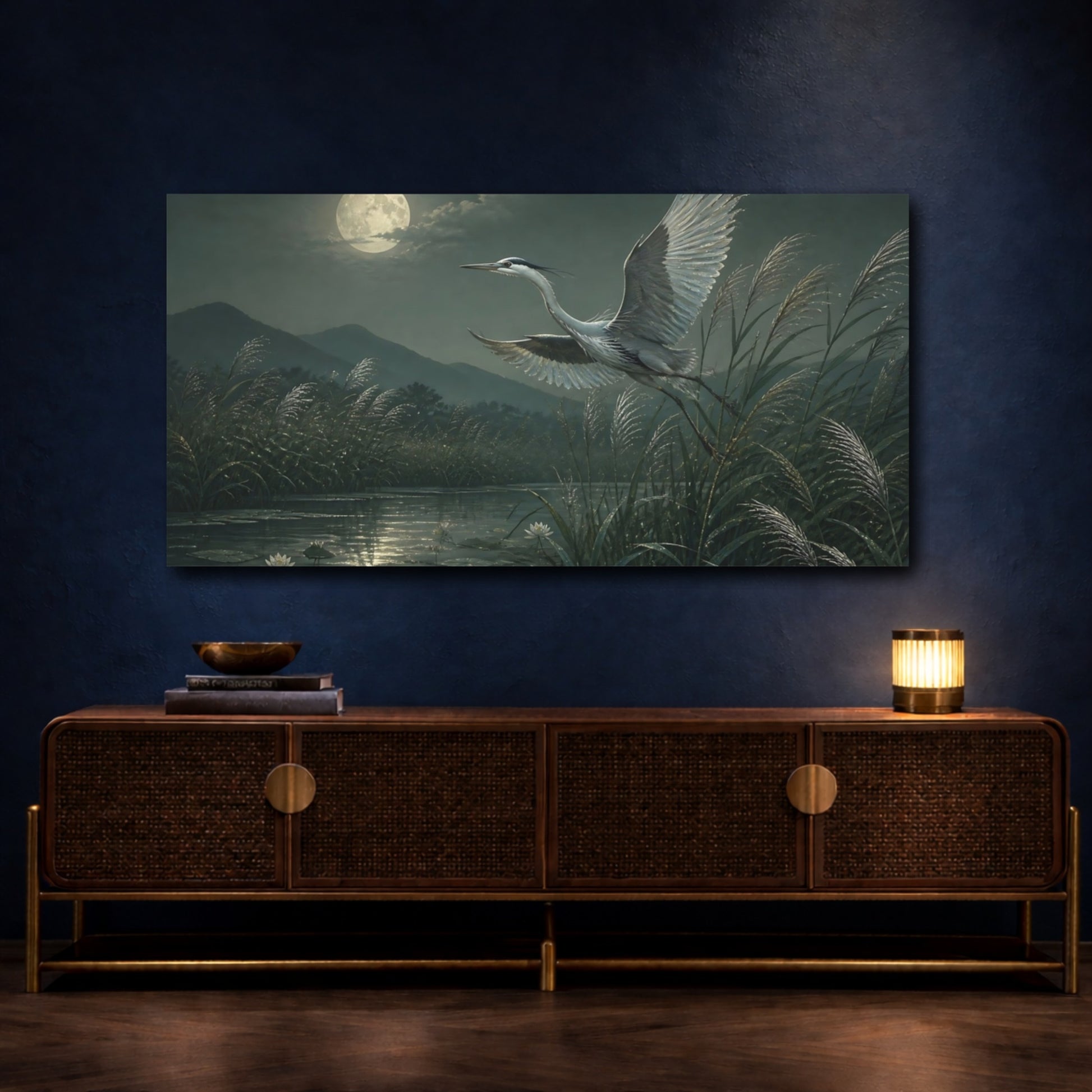 Mockup 4. Moonlit Heron Over Reeds shown as canvas print
