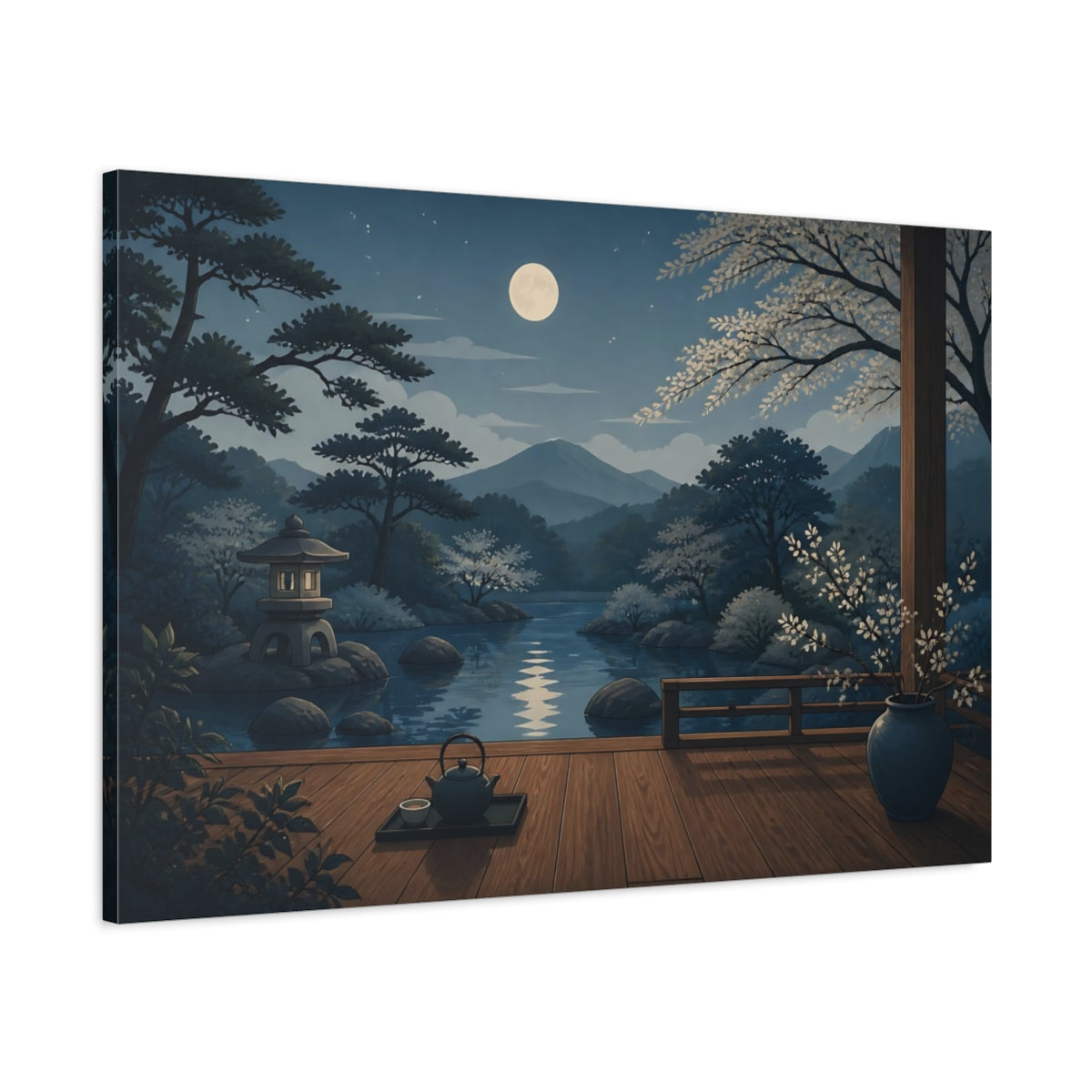 Main Mockup. Moonlit Japanese Garden Veranda shown as canvas print