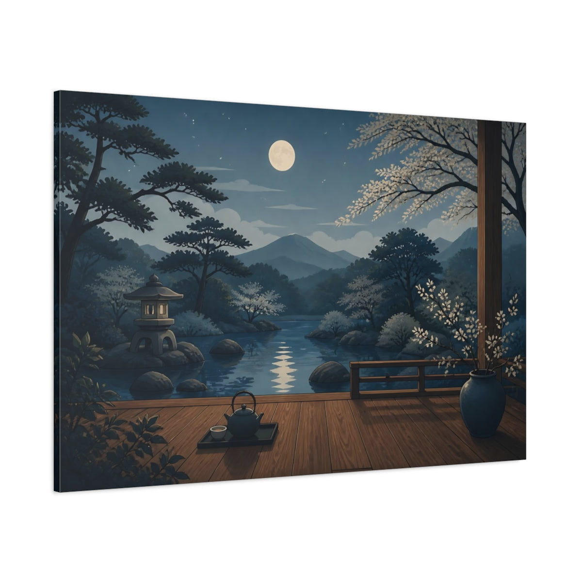Side Mockup 1. Moonlit Japanese Garden Veranda shown as canvas print
