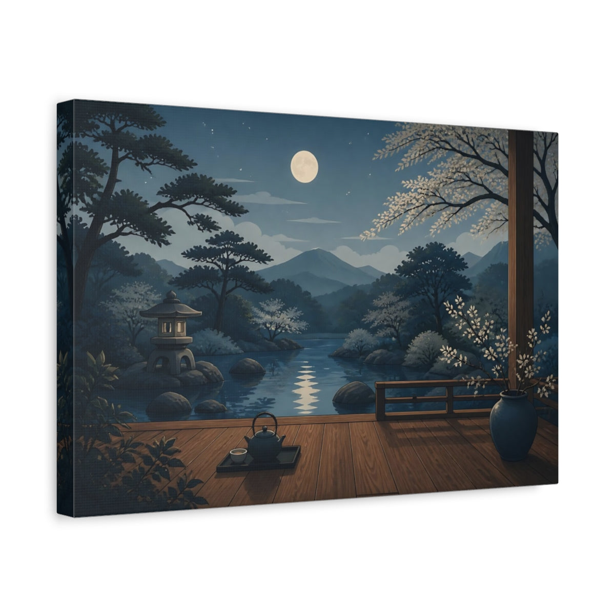 Side Mockup 4. Moonlit Japanese Garden Veranda shown as canvas print