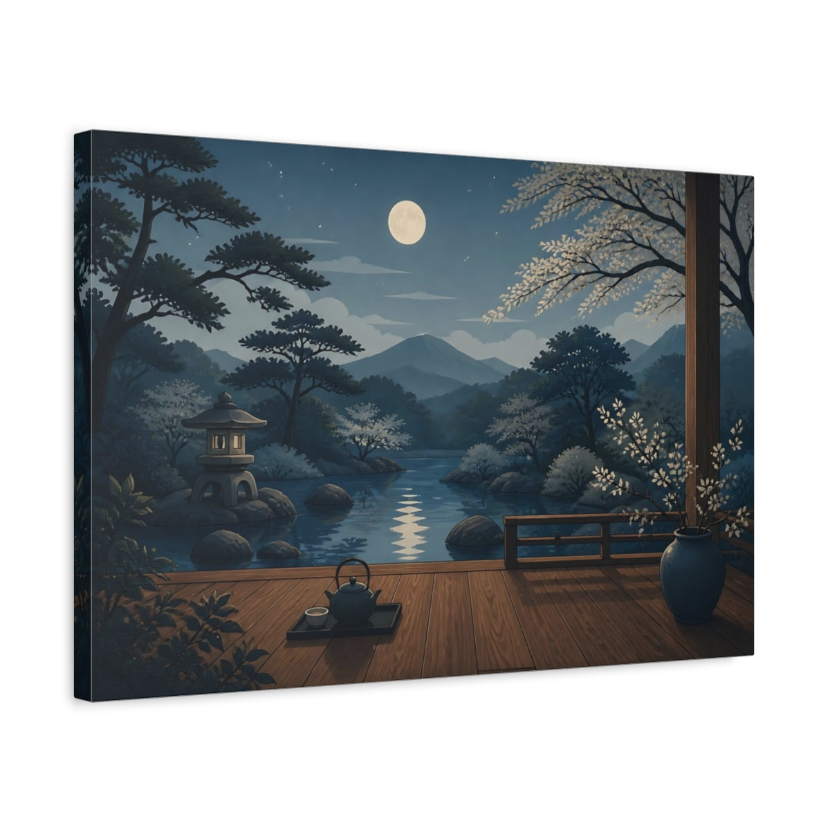 Side Mockup 3. Moonlit Japanese Garden Veranda shown as canvas print