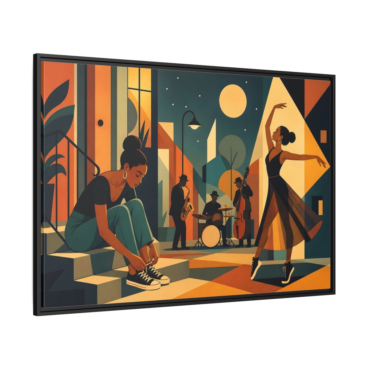 Side Mockup 12. Moonlit Jazz Dancers shown as framed canvas print