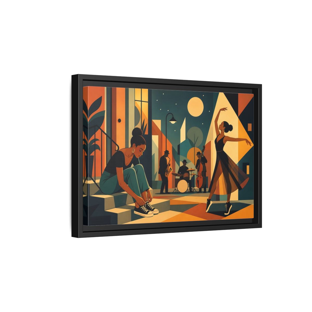 Side Mockup 6. Moonlit Jazz Dancers shown as framed canvas print