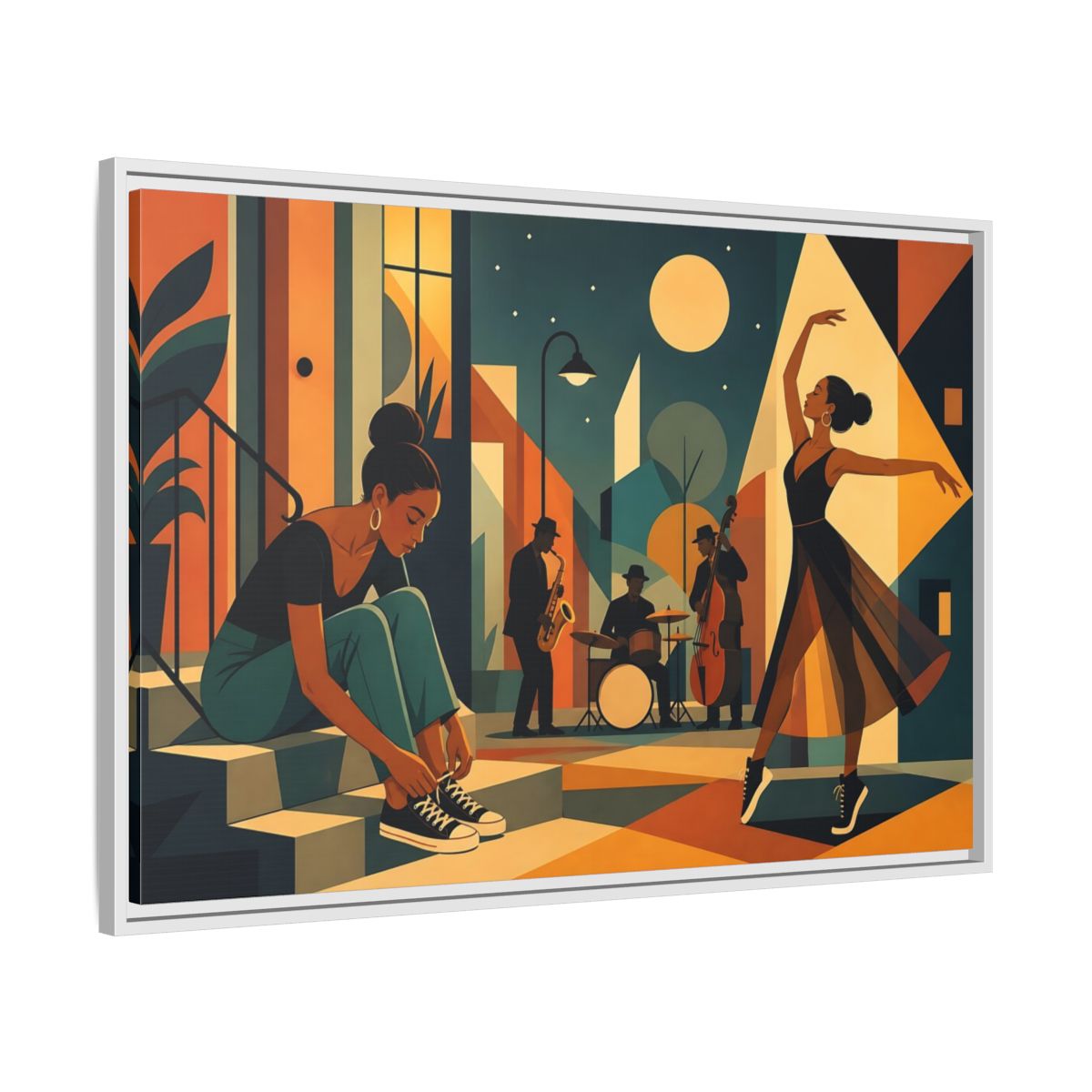 Side Mockup 9. Moonlit Jazz Dancers shown as framed canvas print