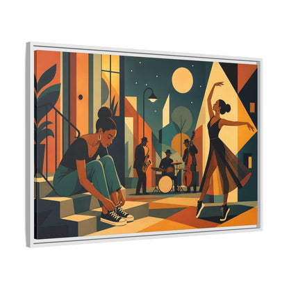 Side Mockup 9. Moonlit Jazz Dancers shown as framed canvas print