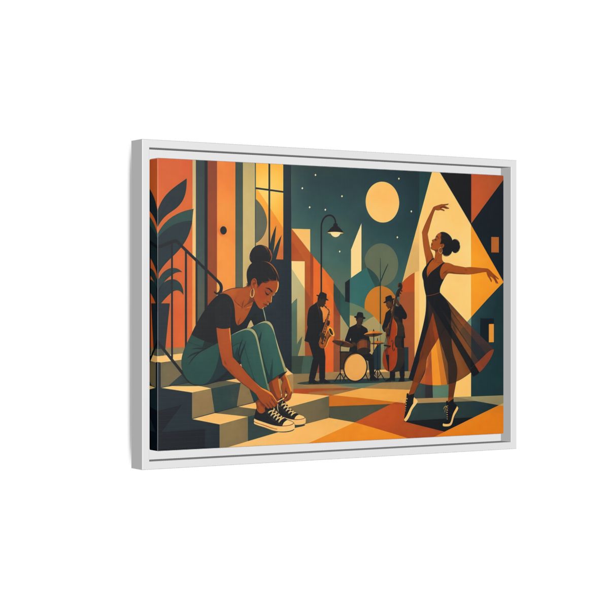 Side Mockup 1. Moonlit Jazz Dancers shown as framed canvas print