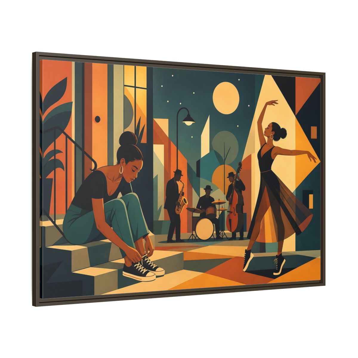 Side Mockup 8. Moonlit Jazz Dancers shown as framed canvas print
