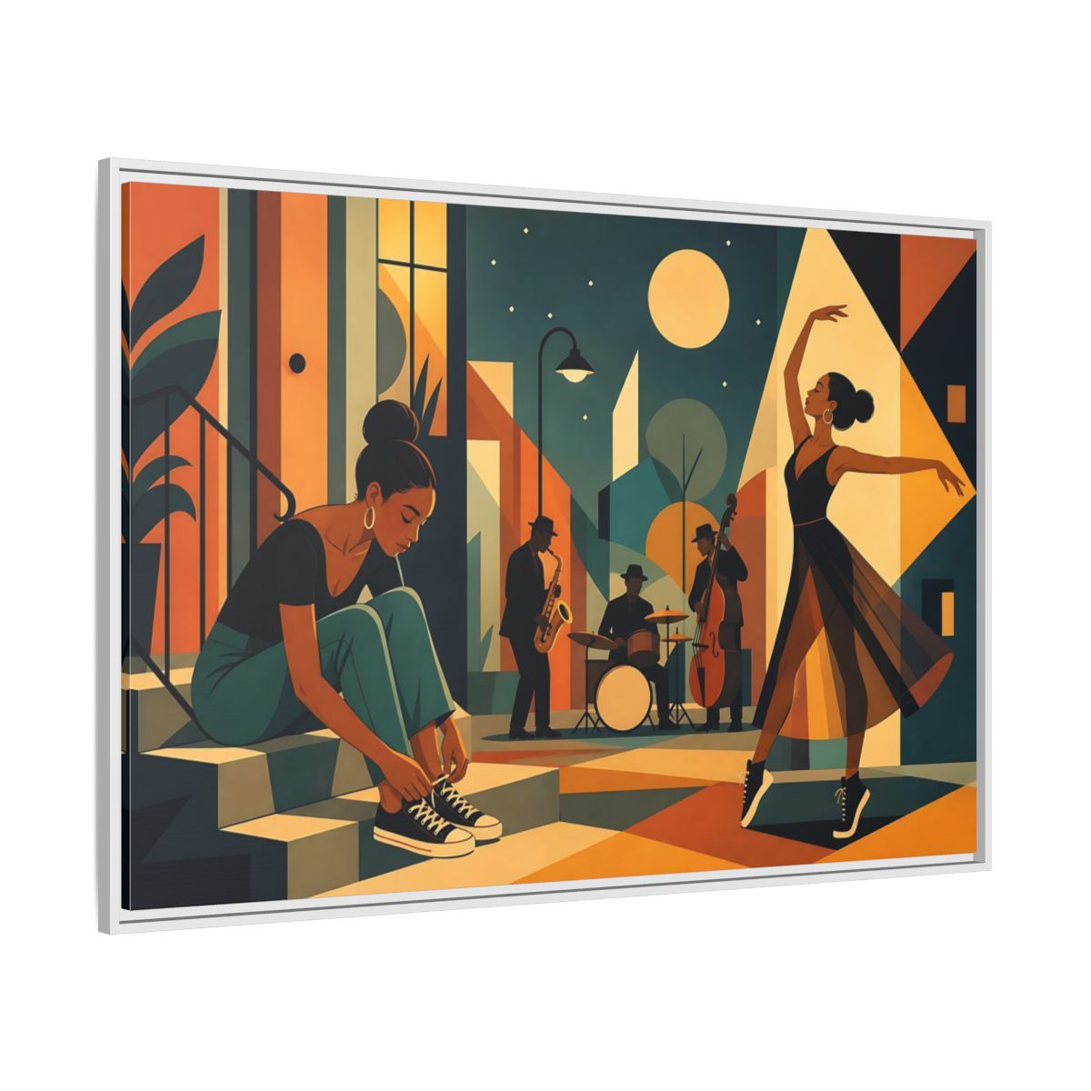 Side Mockup 7. Moonlit Jazz Dancers shown as framed canvas print