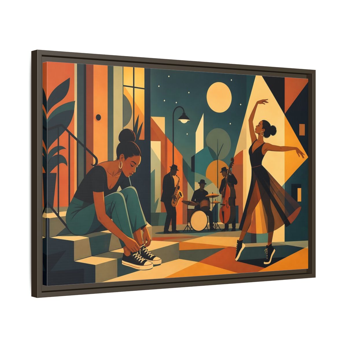Side Mockup 11. Moonlit Jazz Dancers shown as framed canvas print