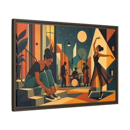 Side Mockup 11. Moonlit Jazz Dancers shown as framed canvas print