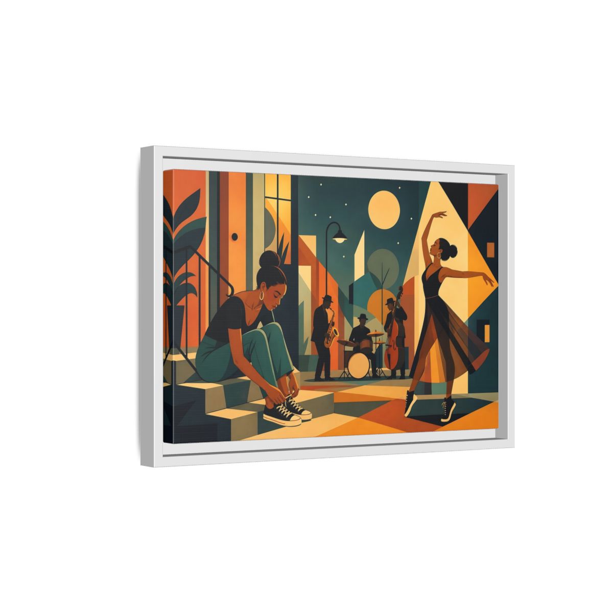 Side Mockup 4. Moonlit Jazz Dancers shown as framed canvas print