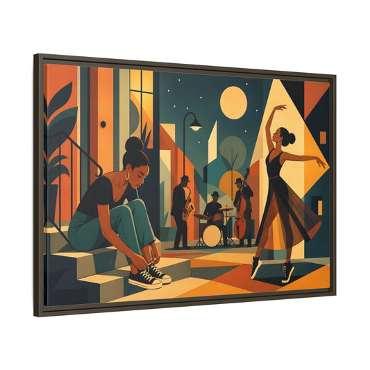 Main Mockup. Moonlit Jazz Dancers shown as framed canvas print
