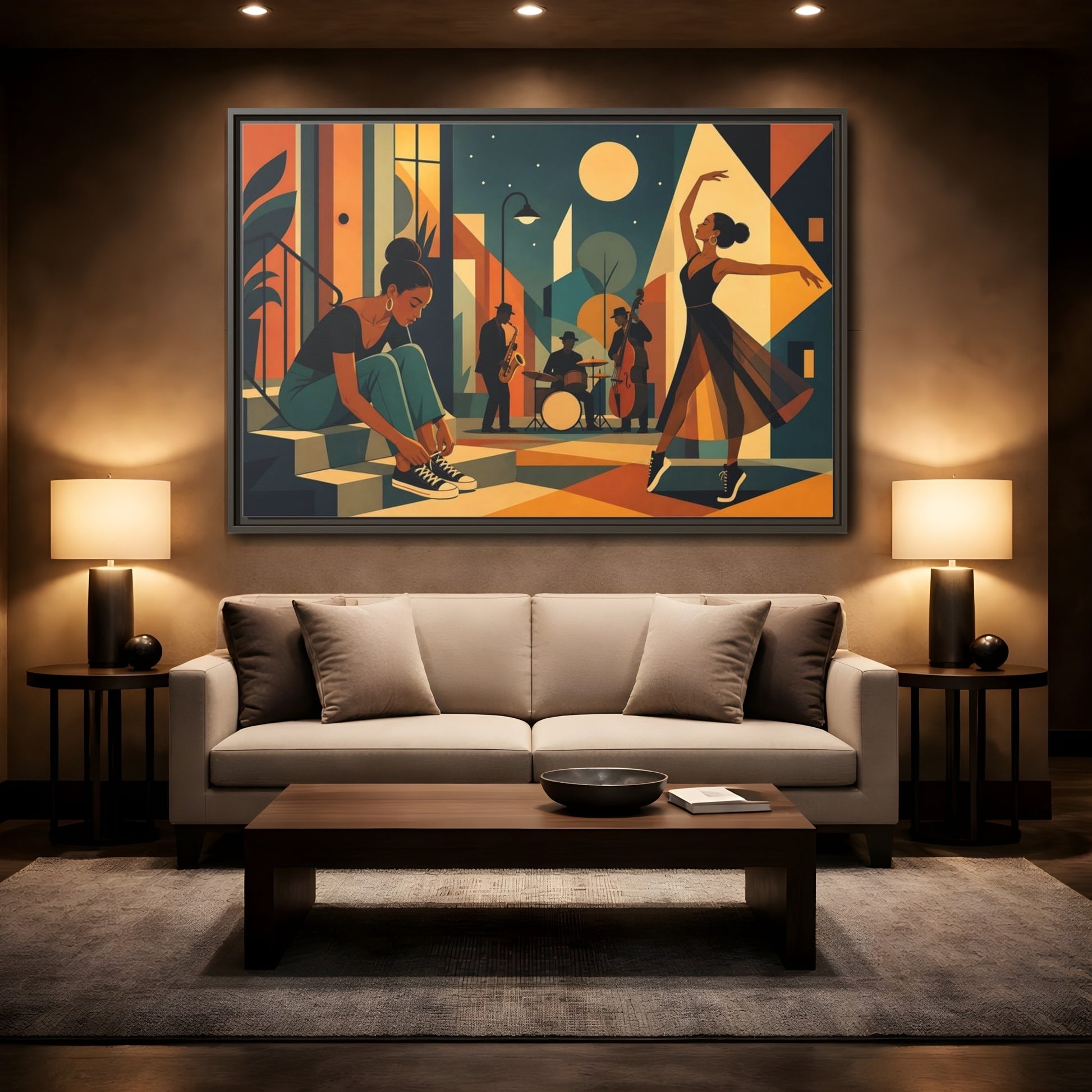 Mockup 2. Moonlit Jazz Dancers shown as framed canvas print