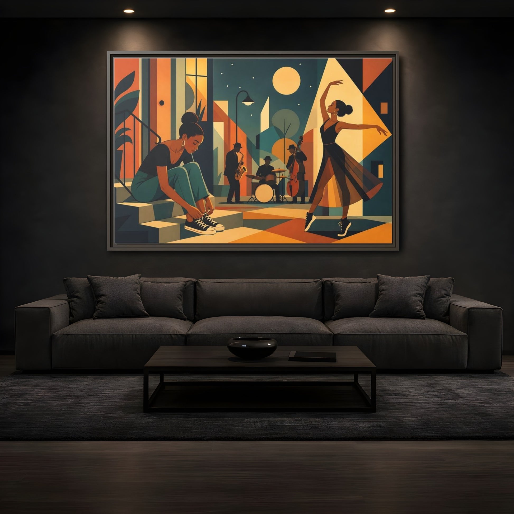 Mockup 3. Moonlit Jazz Dancers shown as framed canvas print