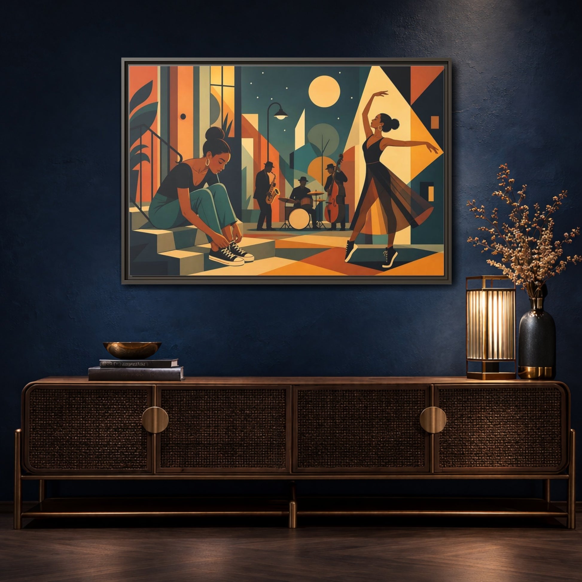Mockup 4. Moonlit Jazz Dancers shown as framed canvas print