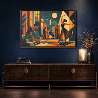 Mockup 4. Moonlit Jazz Dancers shown as framed canvas print