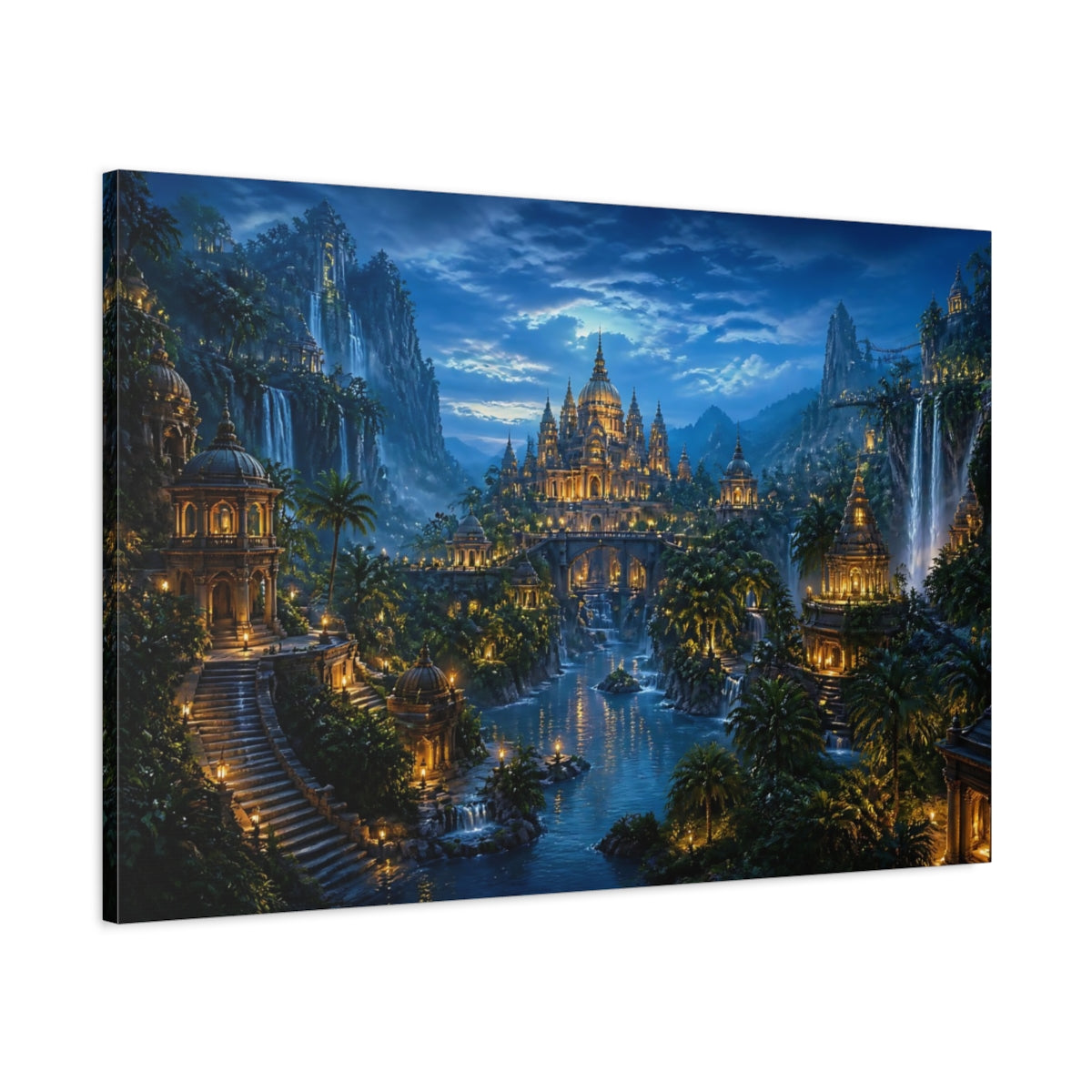 Main Mockup. Moonlit Jungle Temple City shown as canvas print
