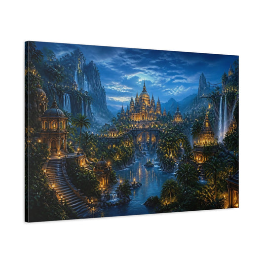 Main Mockup. Moonlit Jungle Temple City shown as canvas print