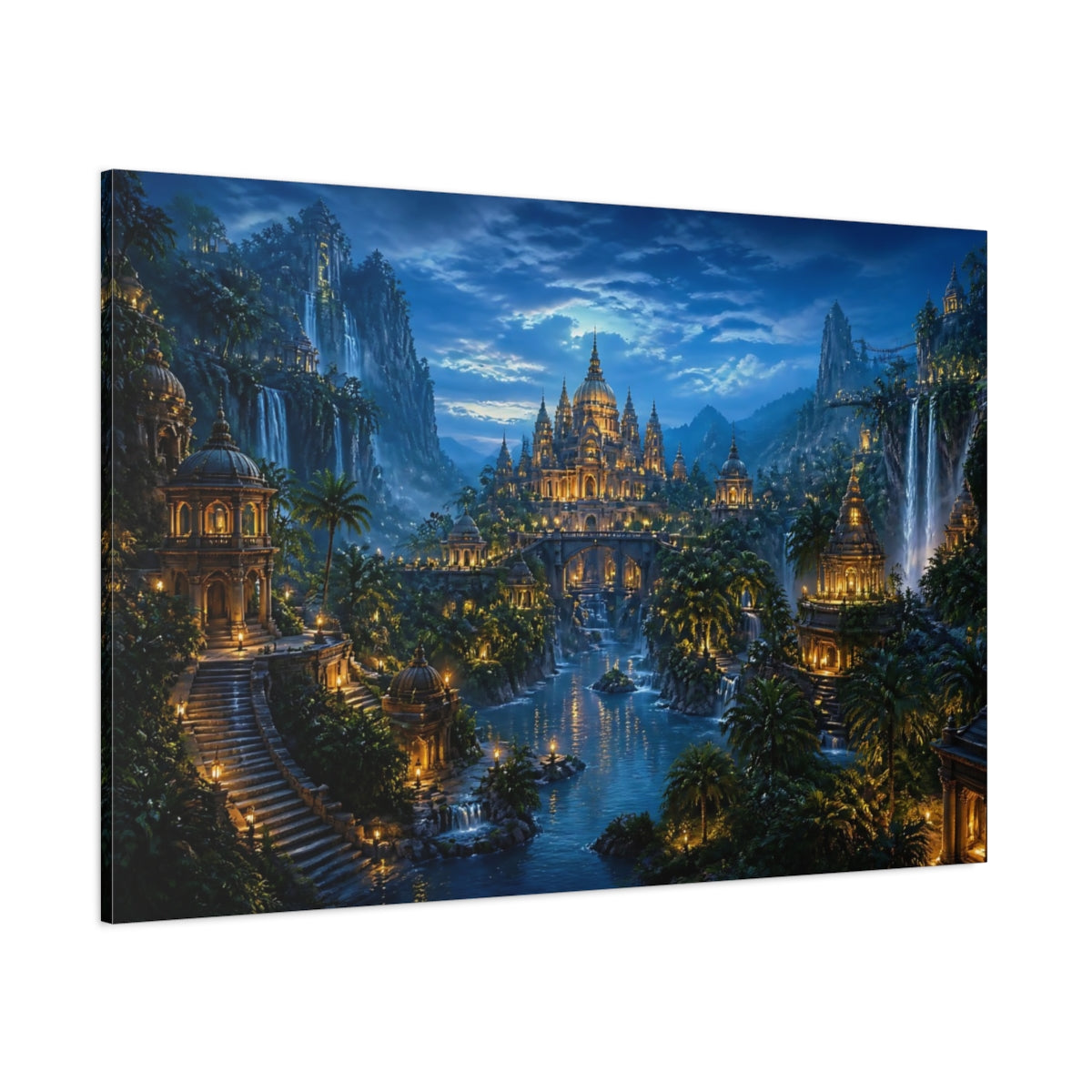 Side Mockup 1. Moonlit Jungle Temple City shown as canvas print