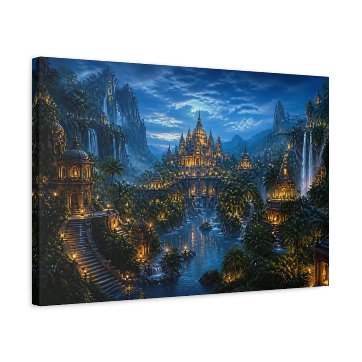 Side Mockup 3. Moonlit Jungle Temple City shown as canvas print