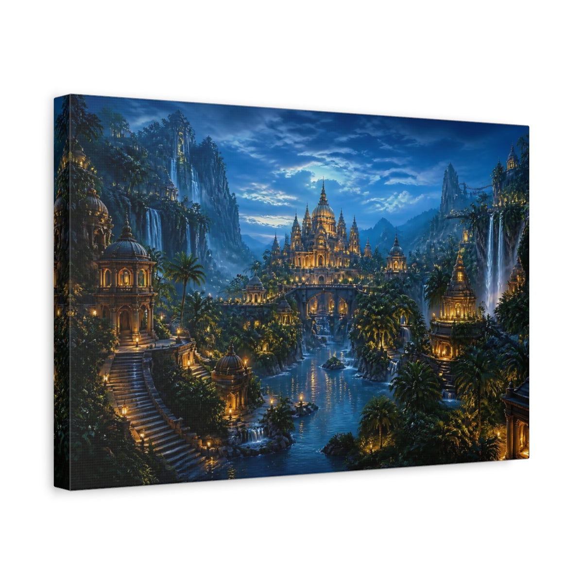 Side Mockup 4. Moonlit Jungle Temple City shown as canvas print