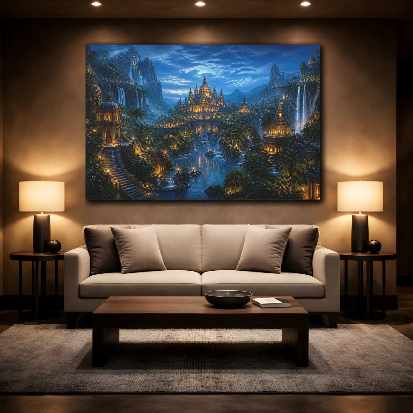 Mockup 2. Moonlit Jungle Temple City shown as canvas print