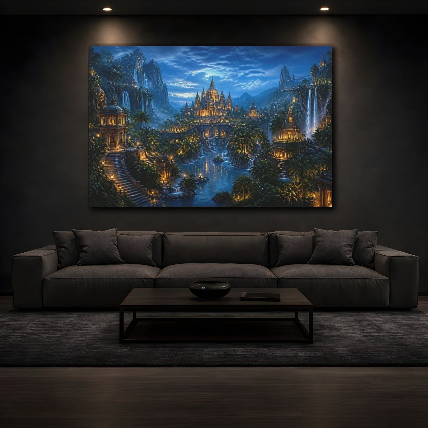 Mockup 3. Moonlit Jungle Temple City shown as canvas print