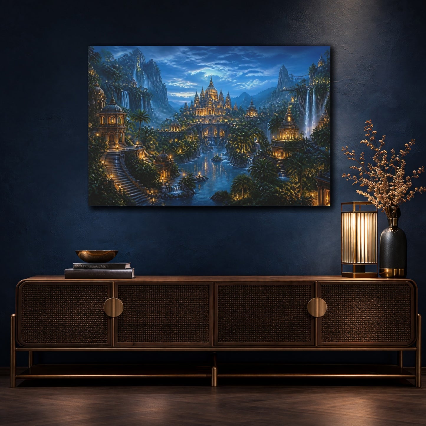 Mockup 4. Moonlit Jungle Temple City shown as canvas print