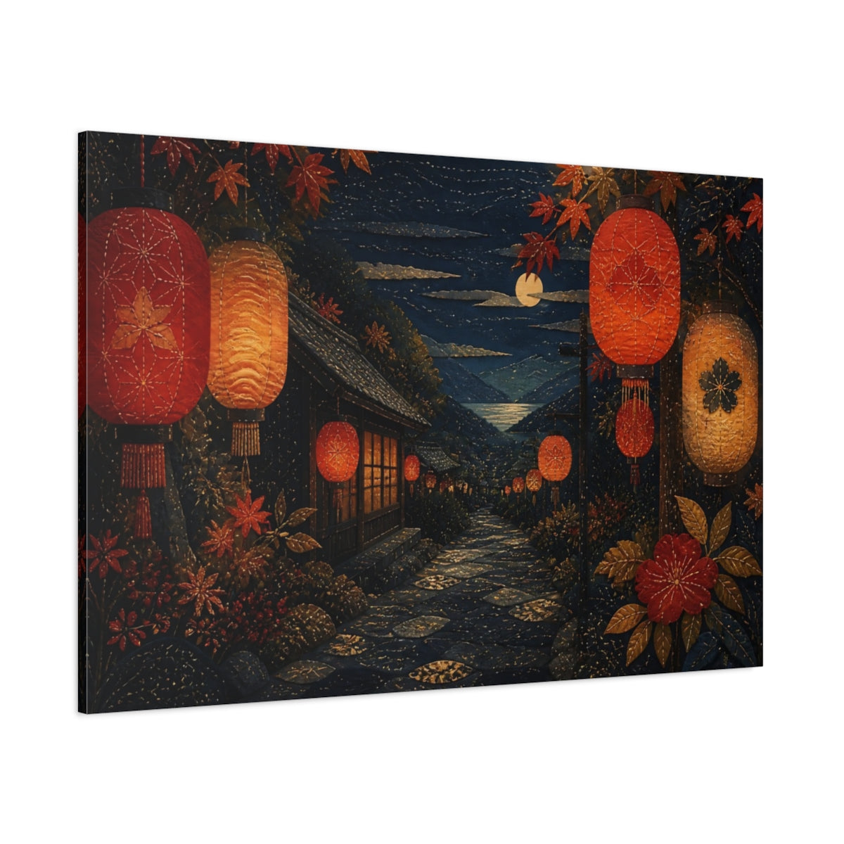 Side Mockup 1. Moonlit Lantern Lane shown as canvas print