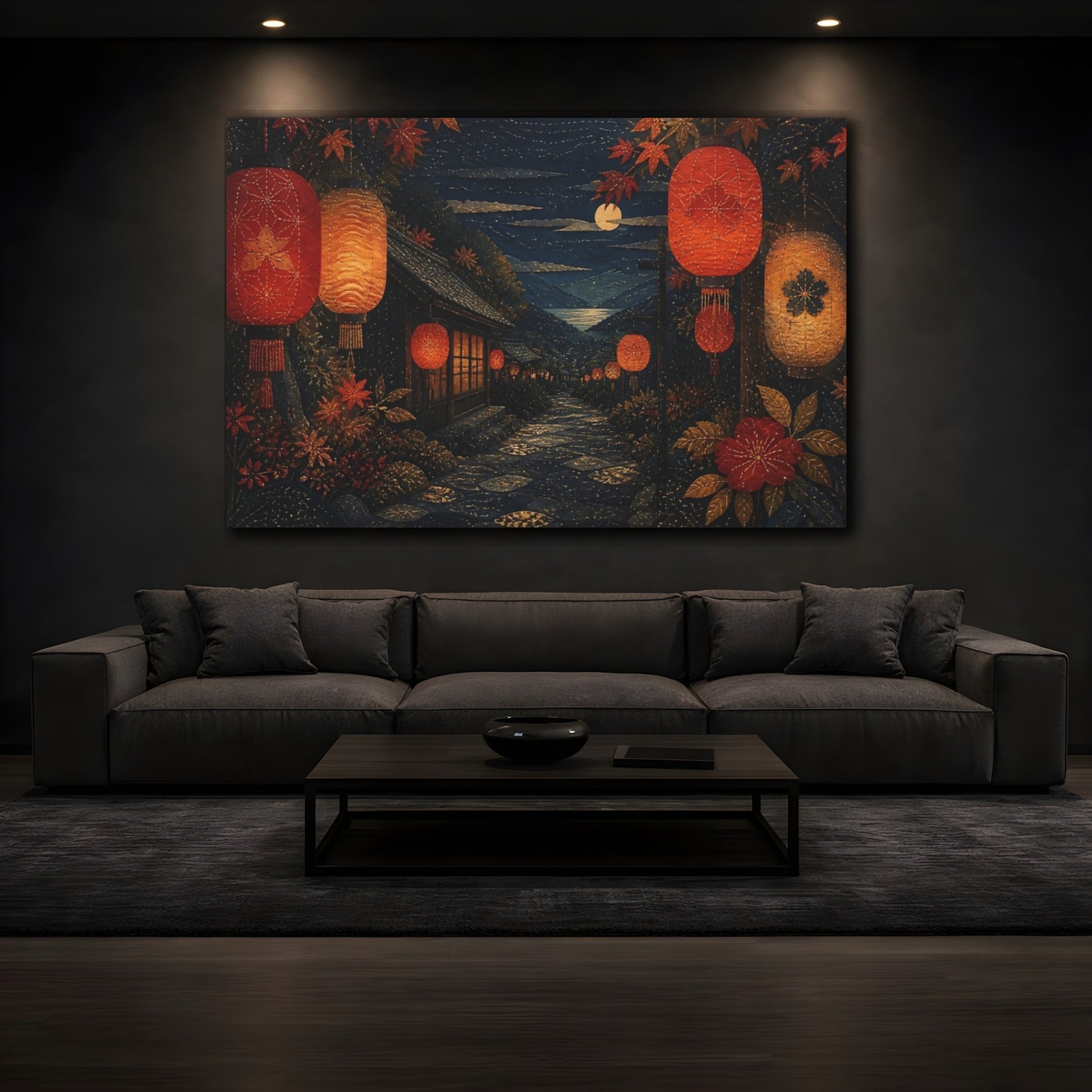 Mockup 3. Moonlit Lantern Lane shown as canvas print