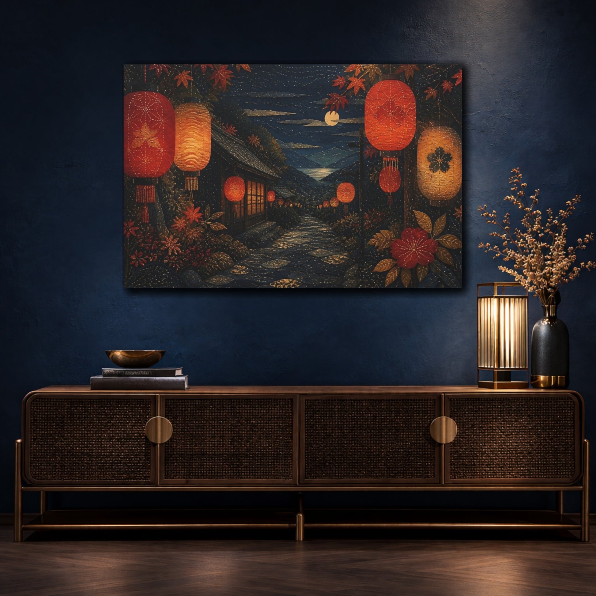 Mockup 4. Moonlit Lantern Lane shown as canvas print