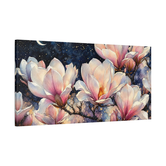 Main Mockup. Moonlit Magnolia Blossoms shown as canvas print