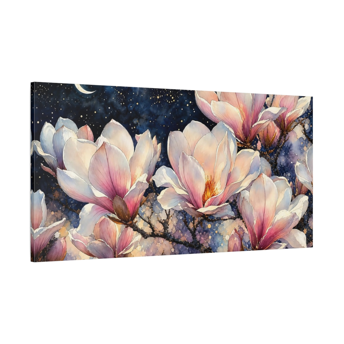 Side Mockup 2. Moonlit Magnolia Blossoms shown as canvas print