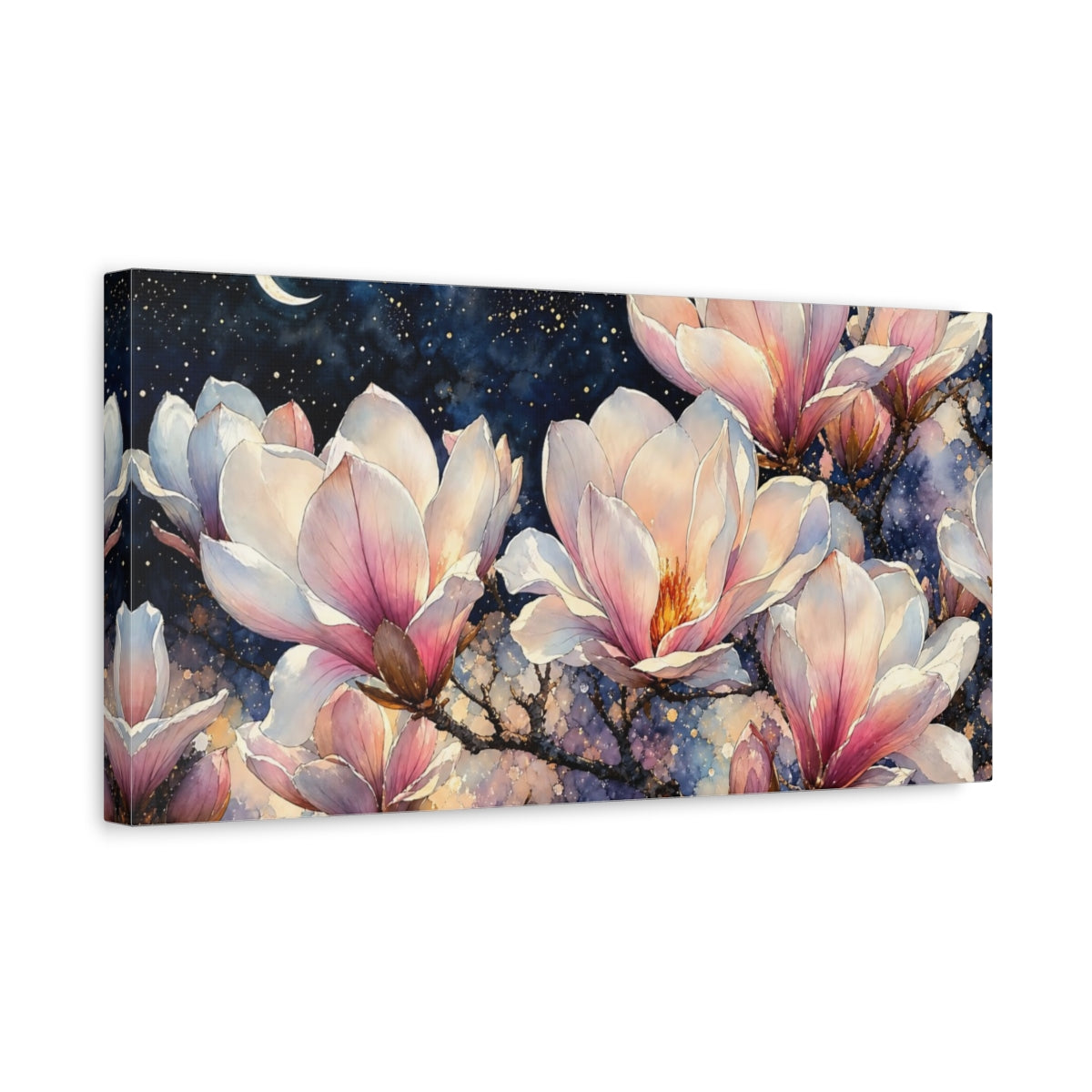 Side Mockup 3. Moonlit Magnolia Blossoms shown as canvas print