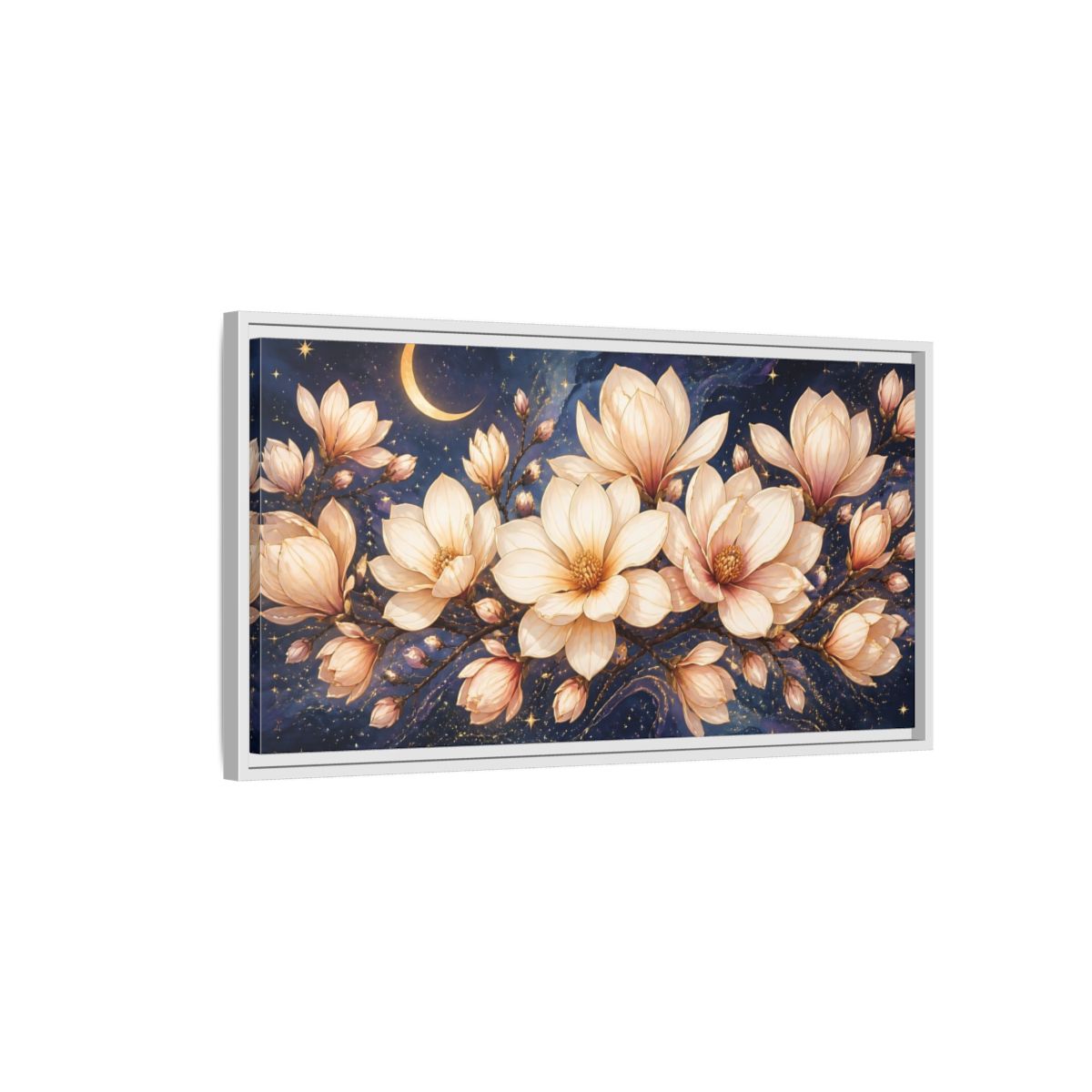 Side Mockup 1. Moonlit Magnolia Blossoms shown as framed canvas print